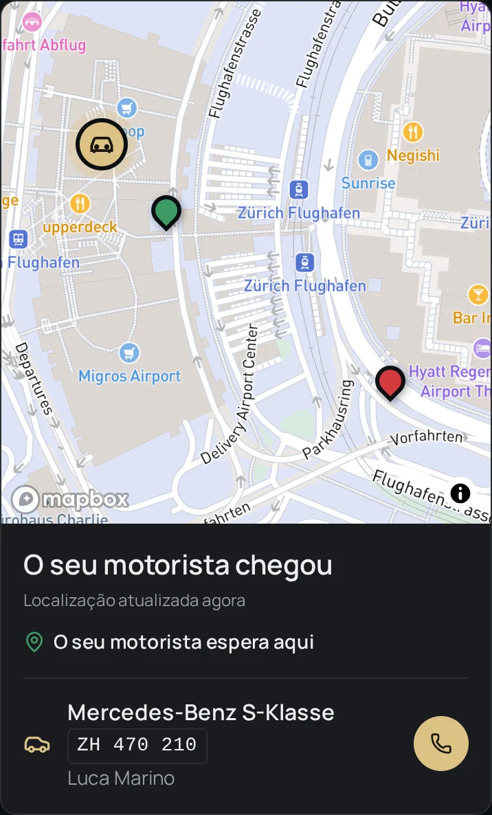 App de cliente com mapa, ponto de encontro, veículo e matrícula
