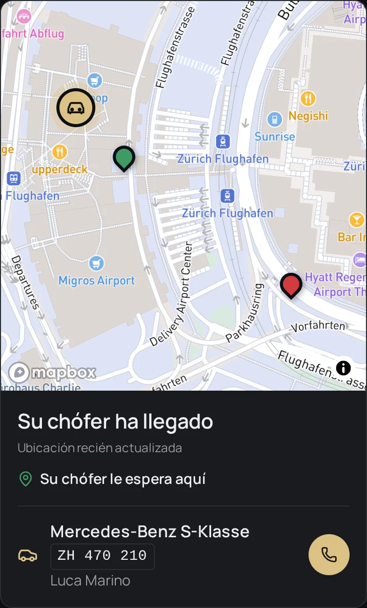 App de cliente con mapa, punto de encuentro, vehículo y matrícula