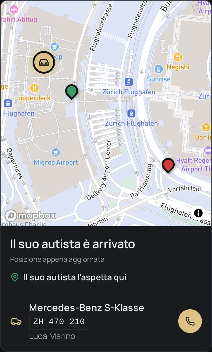 App cliente con mappa, punto d’incontro, veicolo e targa