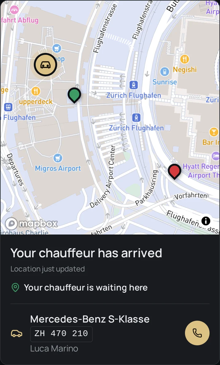 Customer app with map, meeting point, vehicle and licence plate