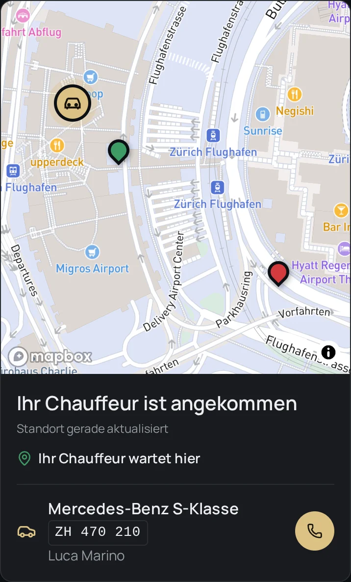 Kunden-App mit Karte, Treffpunkt, Fahrzeug und Kennzeichen