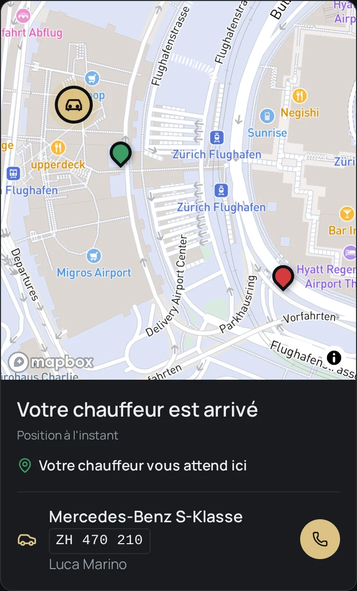App client avec carte, point de rencontre, véhicule et plaque