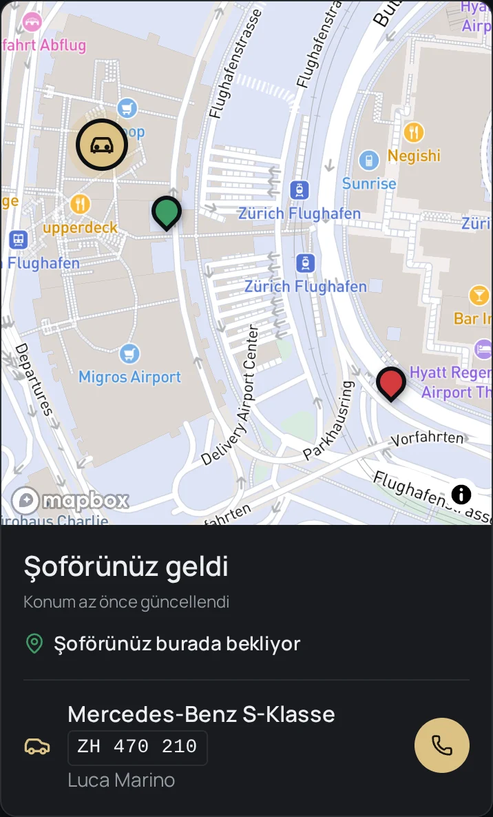 Harita, buluşma noktası, araç ve plaka bilgilerini içeren müşteri uygulaması