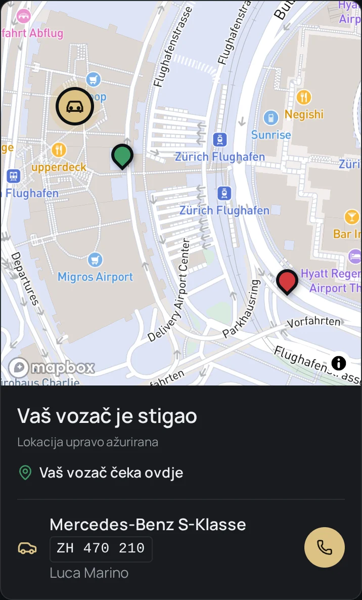Aplikacija za klijente sa mapom, mjestom sastanka, vozilom i registarskom tablicom