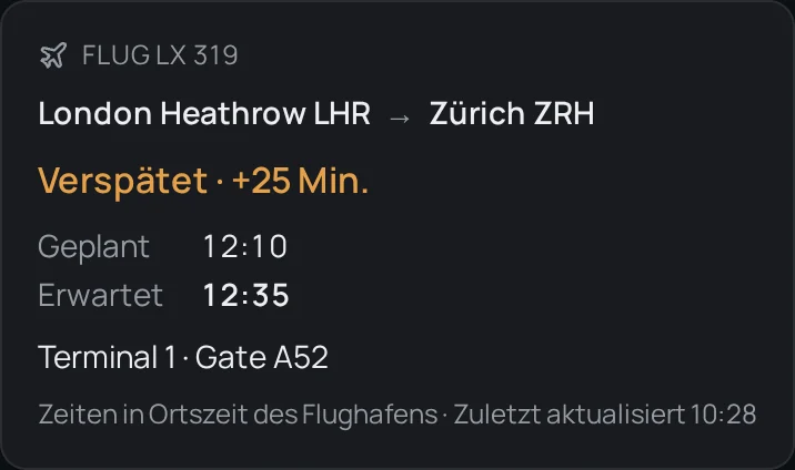 Chauffeur-App mit Fluginformationen: Strecke, Status, Verspätung, Terminal und Gate