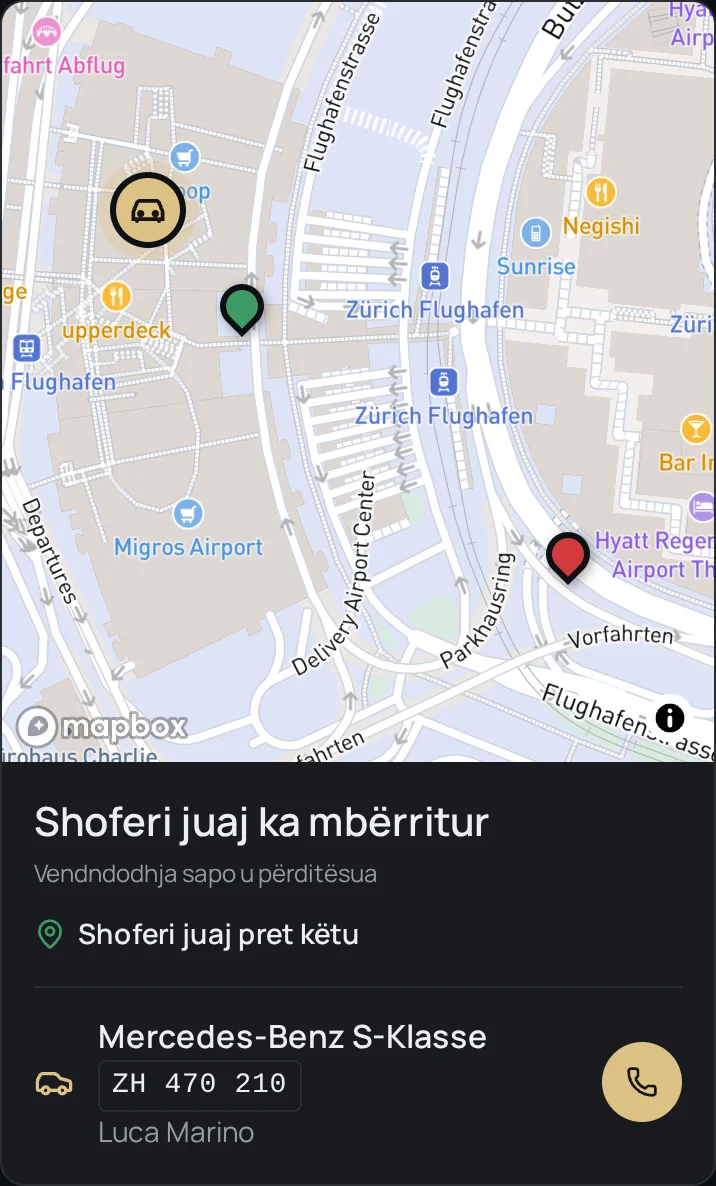 Aplikacioni i klientit me hartë, pikë takimi, automjet dhe targë
