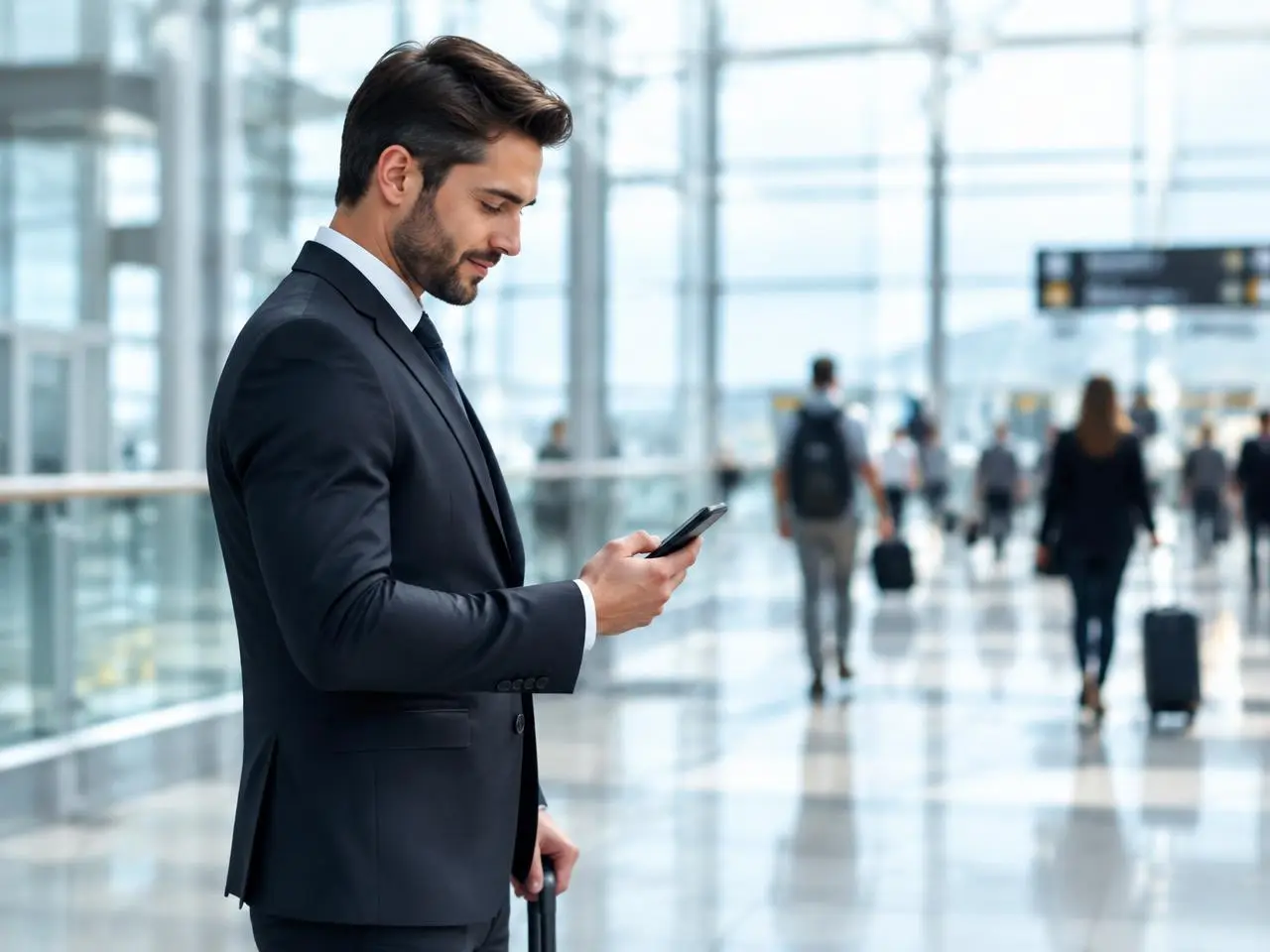 Chauffeur am Flughafen öffnet seinen nächsten Auftrag in der App