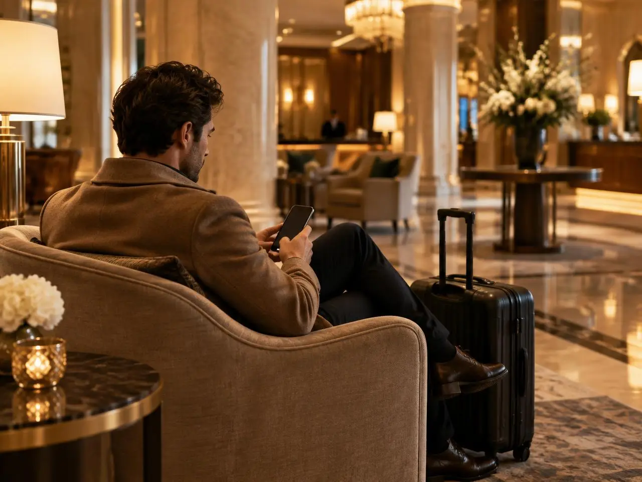 Hotelgast in der Lobby prüft auf dem Smartphone seine bevorstehende Fahrt