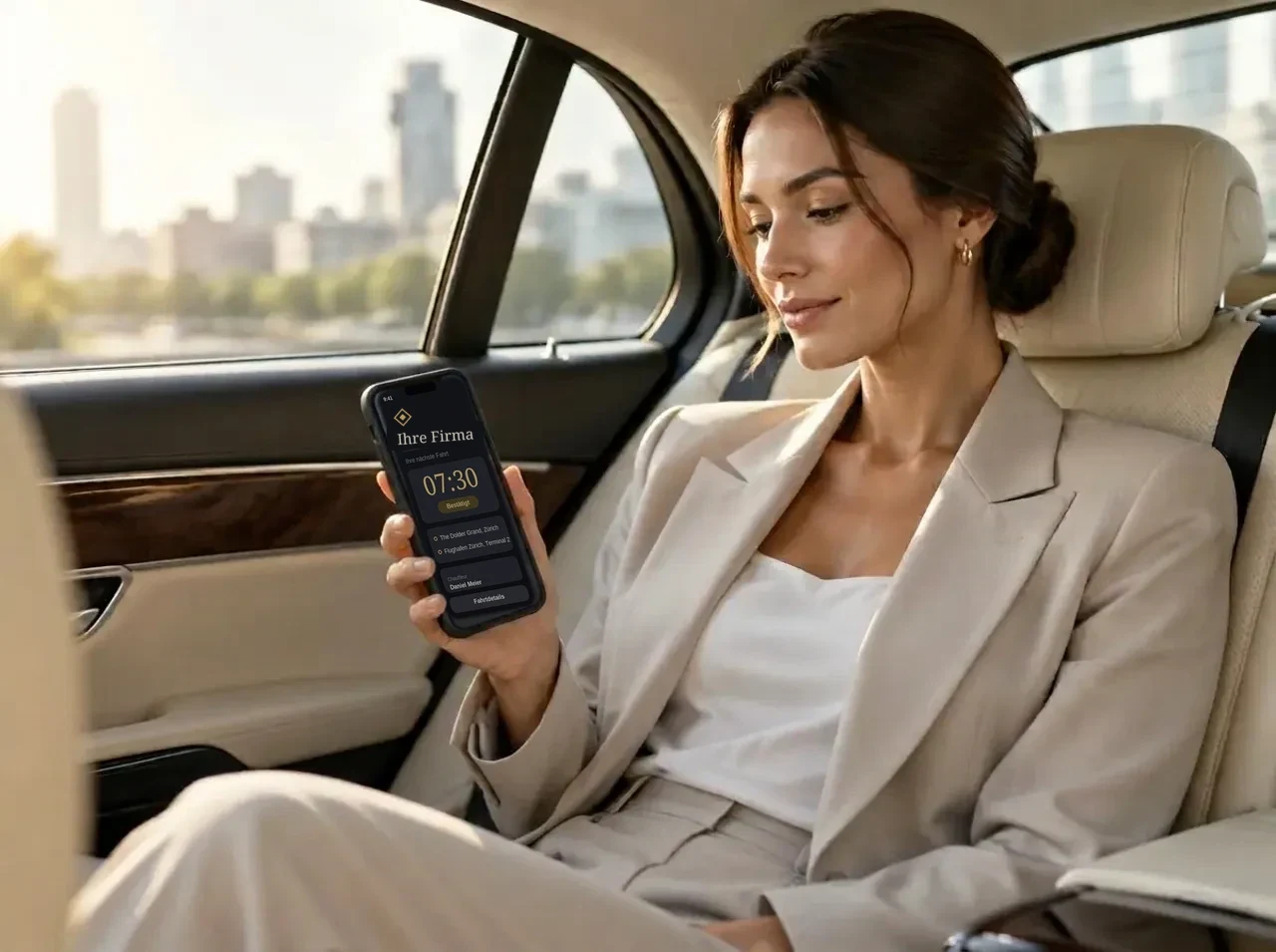 Fahrgast im Fond einer Limousine liest die Fahrtinformationen in der App seines Chauffeurunternehmens